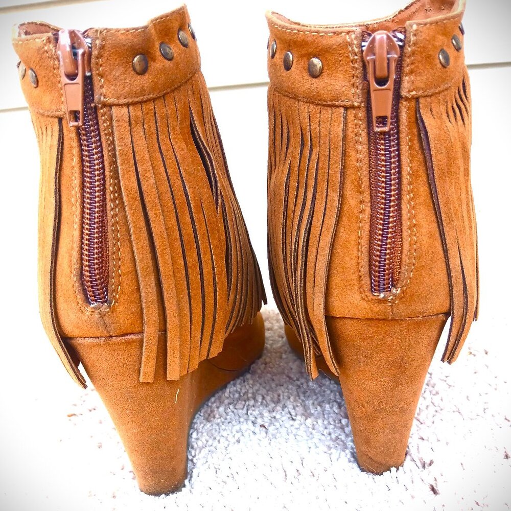 Adriana New York Cognac Suede Fringe Peep-Toe Wedge Booties - Picture 5 of 7
